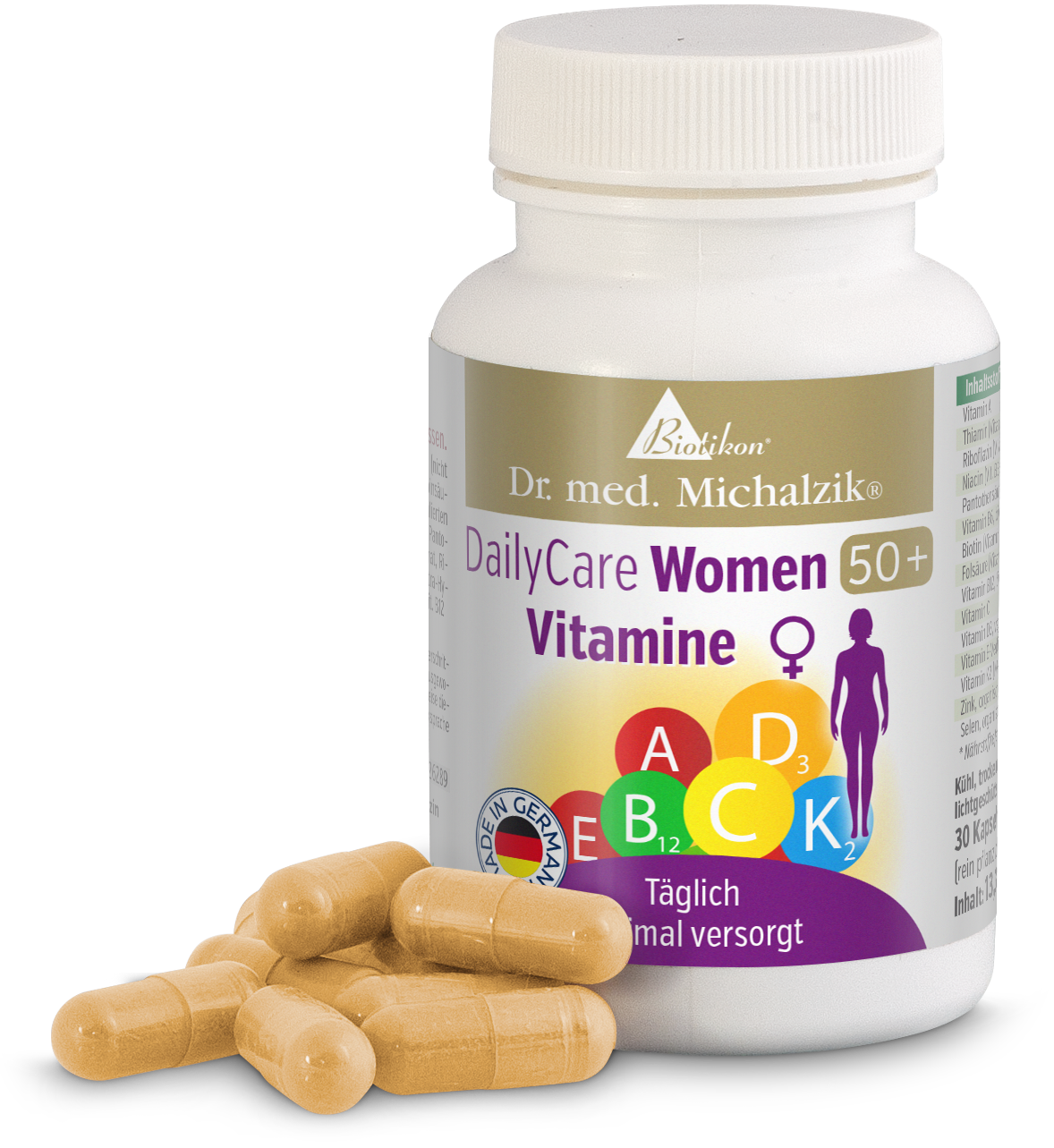 Multivitaminas 50+ – Cápsulas Cápsulas de multivitaminas para mujeres mayores de 50 años, 30 unidades, en un recipiente claro sobre fondo blanco.