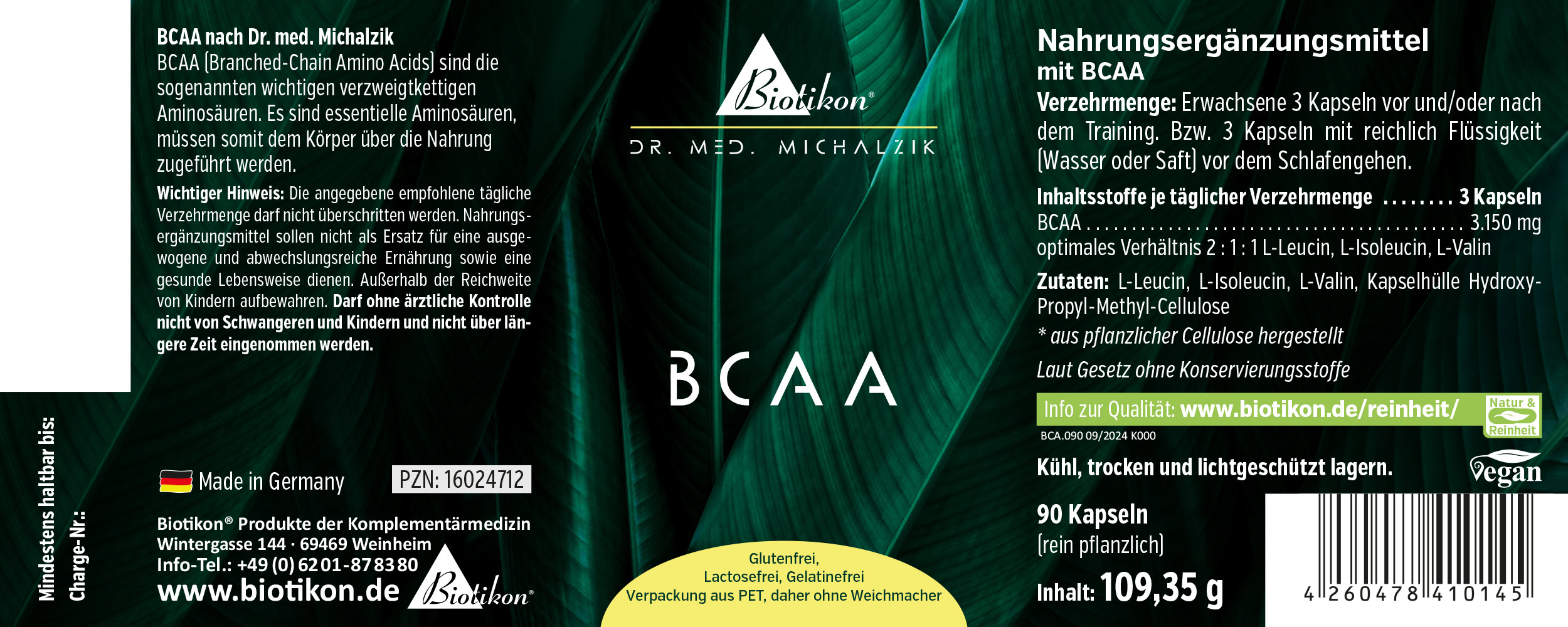 Suplemento BCAA, 90 cápsulas veganas, envase verde, vista lateral