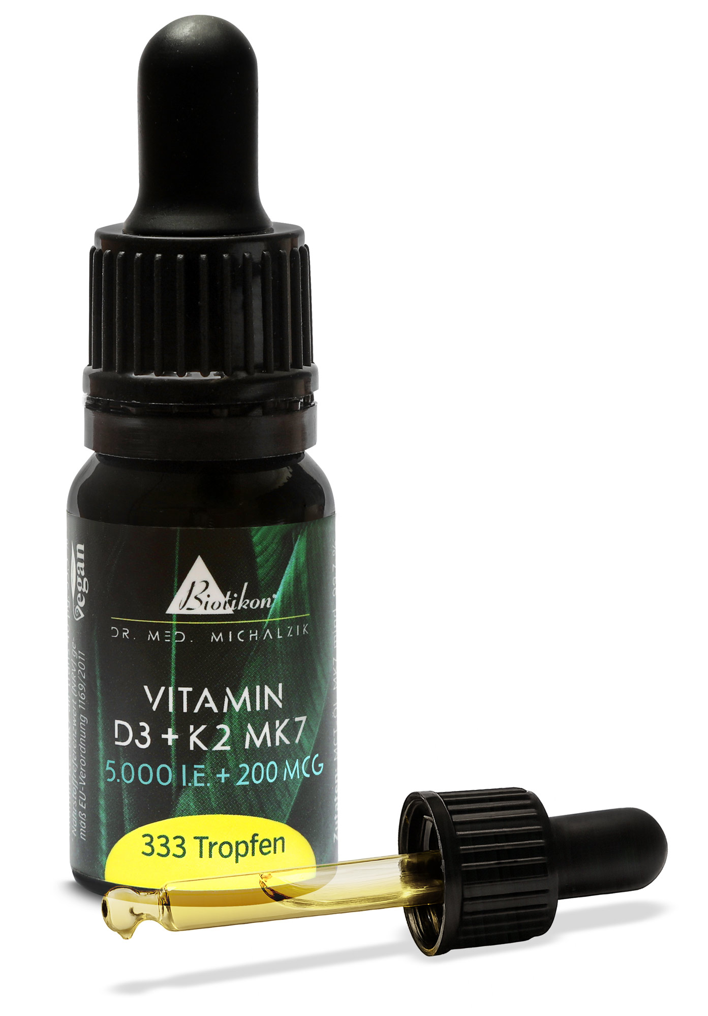 Gotas veganas de vitamina D3 + K2 MK7, 333 gotas, pipeta negra, líquido amarillo.