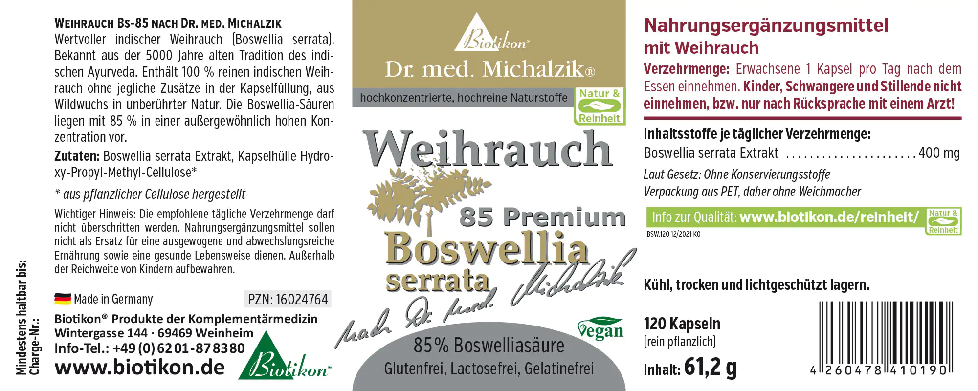 Suplemento de incienso en cápsulas, 120 cápsulas, envase PET, vegano, libre de gluten.
