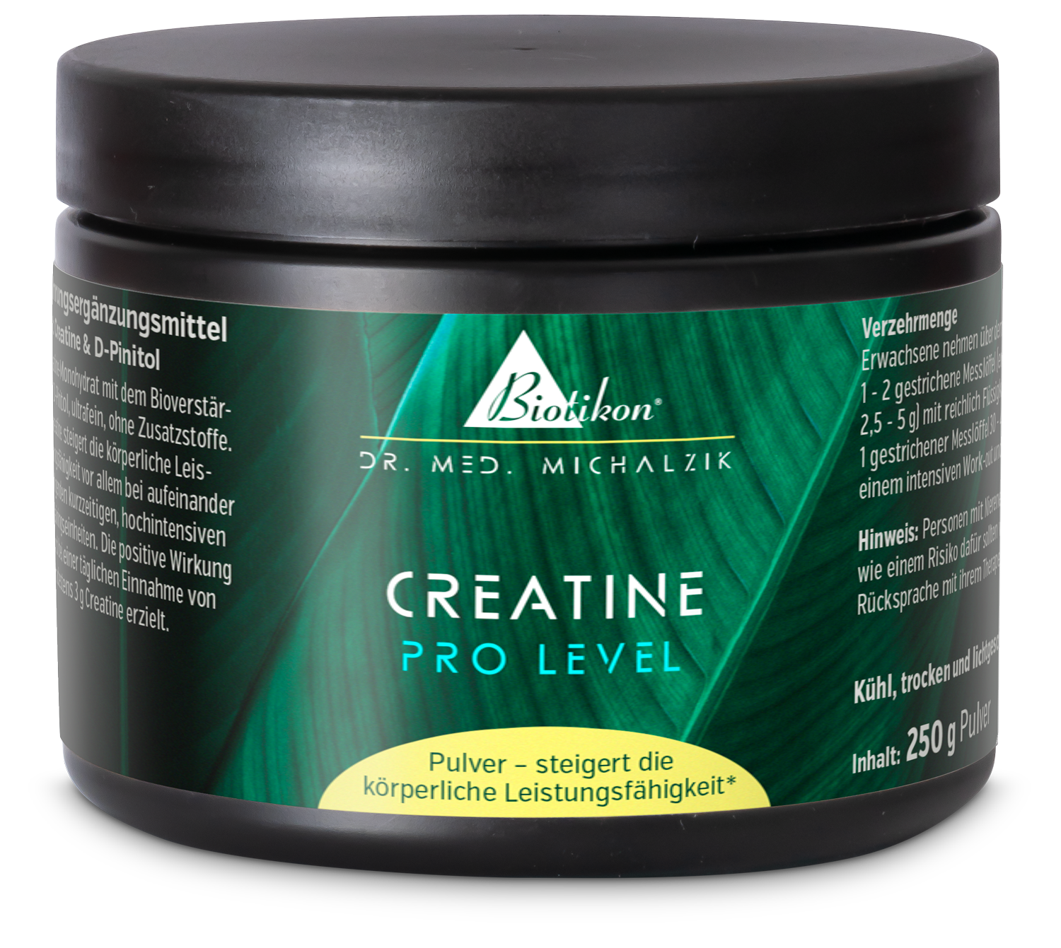 Creatina Pro Level – 250 g en polvo Envase de polvo negro con 250 g de creatina, etiqueta verde, vista lateral.