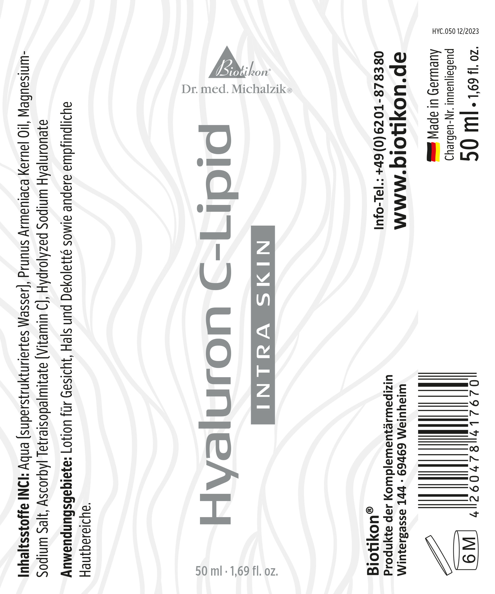 Loción Hialuron C-Lipid en botella de 50 ml, color gris claro con patrones decorativos en forma de olas.