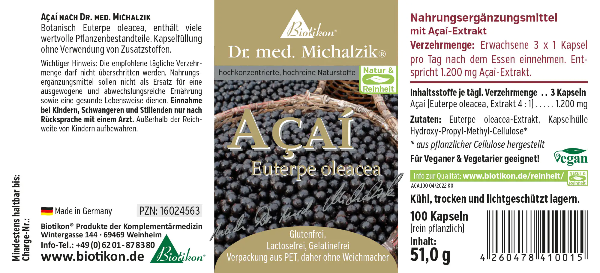 Açaí 1200 mg – Cápsulas Cápsulas de Açaí, 100 unidades, cápsulas negras en envase PET, vista frontal con información de contenido.