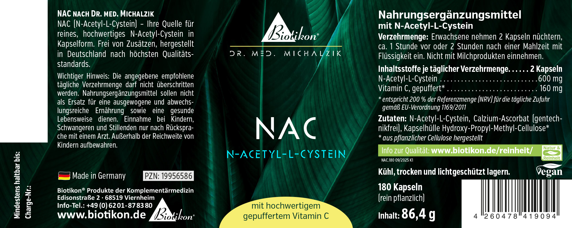 NAC N-Acetil-L-Cisteína en envase oscuro, 180 cápsulas, calidad premium, vegano, fabricado en Alemania.