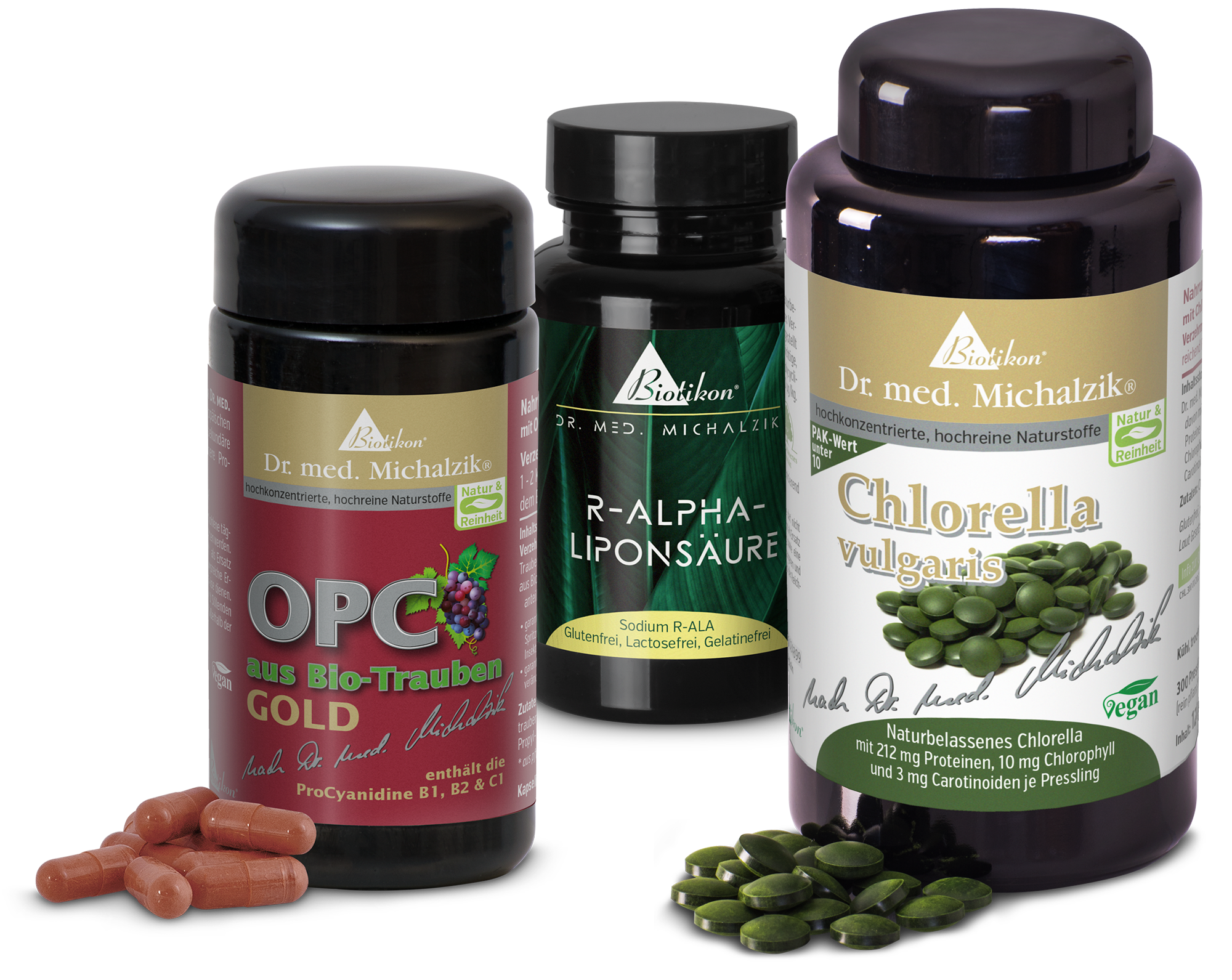 Imágenes de los envases, cápsulas y comprimidos del programa de tratamiento BIOTOX: ácido R-alfa lipoico, OPC procedente de uvas GOLD orgánicas y clorella. Imágenes de los envases, cápsulas y comprimidos del programa de tratamiento BIOTOX: ácido R-alfa lipoico, OPC procedente de uvas GOLD orgánicas y clorella.