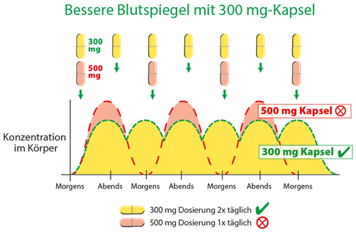 Ilustración de cápsulas de 300 mg y 500 mg, con etiquetado claro y resumen de la dosificación.