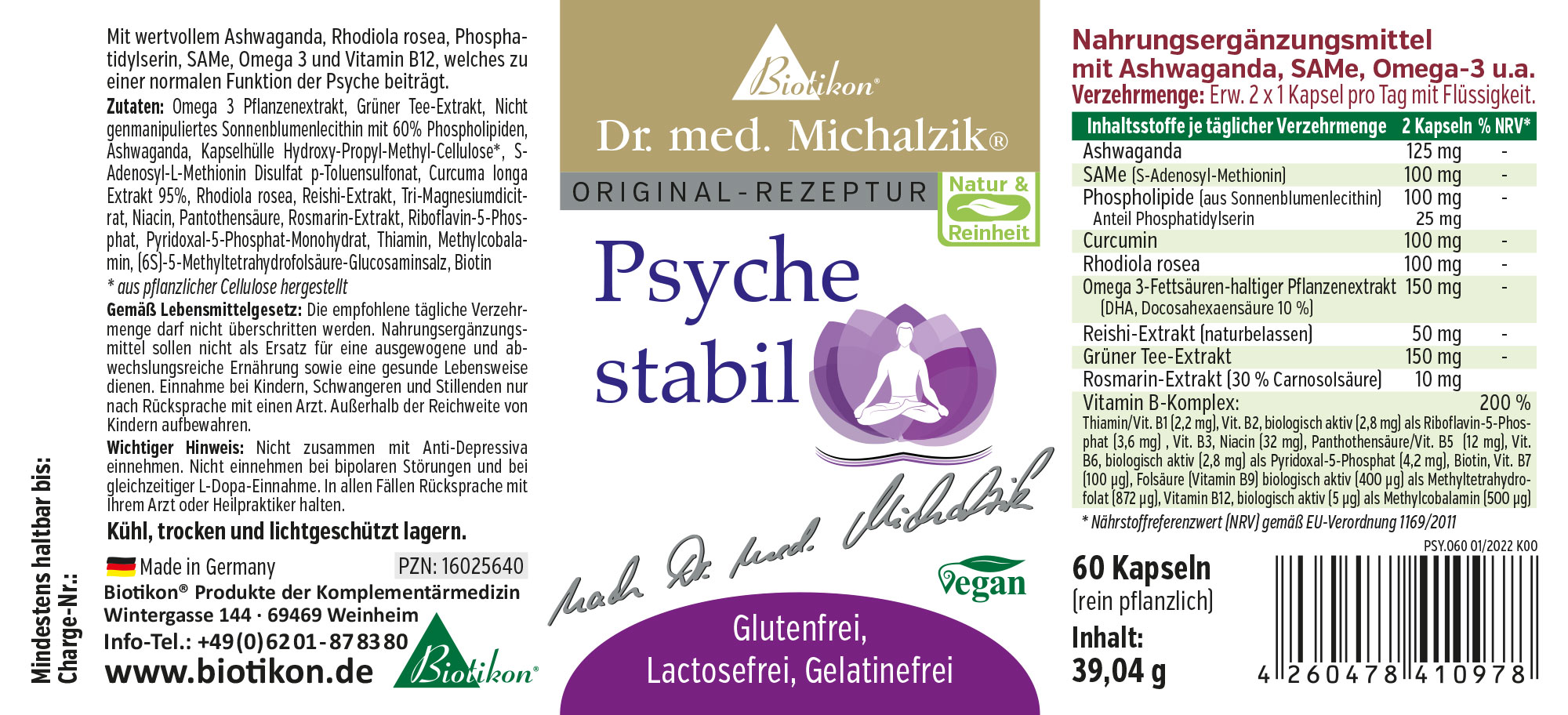 Etiqueta de estabilidad mental Suplemento dietético en cápsulas, 60 unidades, con Ashwagandha, Omega 3 y otros ingredientes, vegano, sin gluten.