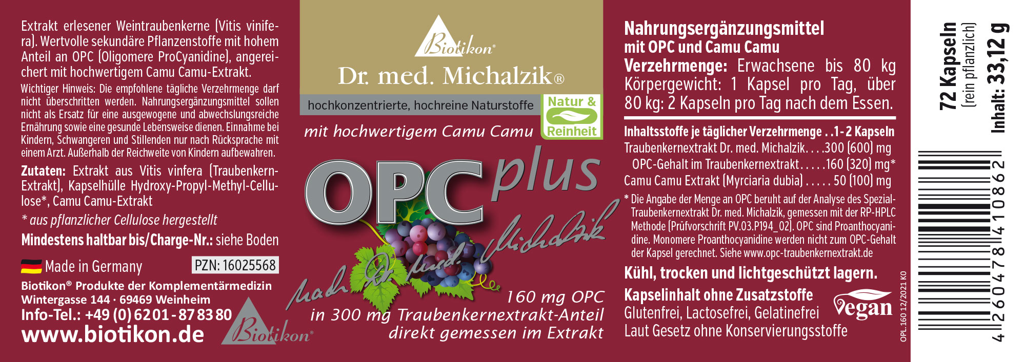 Suplemento dietético con 160 mg de OPC de semilla de uva, 72 cápsulas, en envase rojo y blanco, vista lateral.