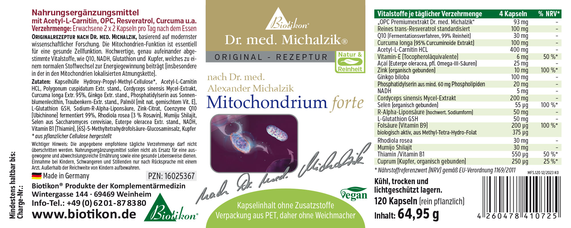 Mitochondrium forte – 120 cápsulas Suplemento en cápsulas, 120 unidades, envase verde y blanco, vegano.