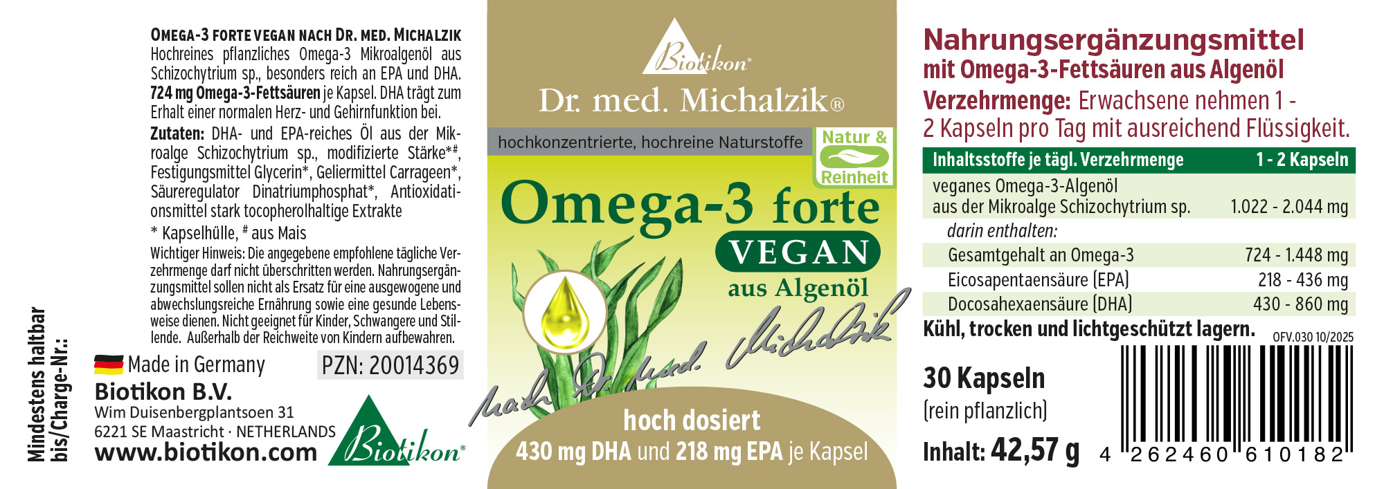 Ácidos grasos Omega-3 de alta dosis de aceite de algas, 30 cápsulas en un envase ecológico.