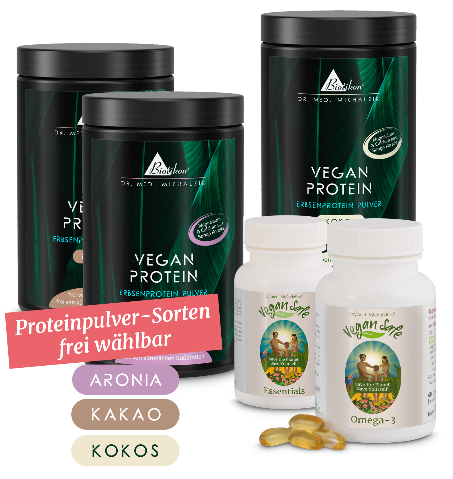 Tres latas de proteína vegetal en polvo de diferentes sabores y dos botellas de suplementos, en blanco y marrón, sobre fondo blanco.