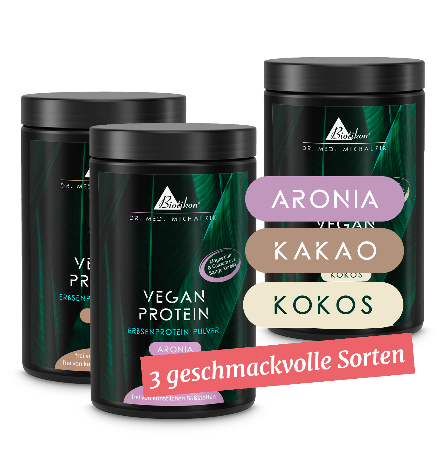 Tres latas de proteína vegetal en polvo en sabores de Aronia, Cacao y Coco, diferentes colores, vista frontal.