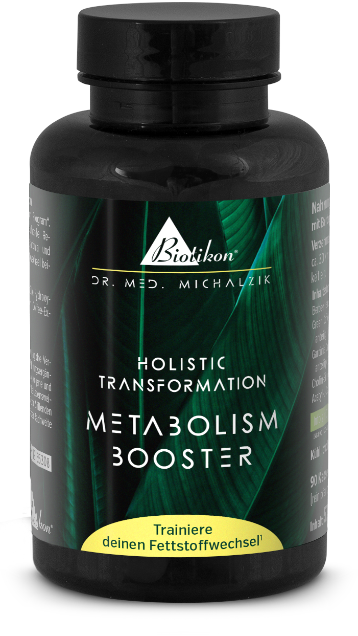 Botella negra con 90 cápsulas, apoyo al metabolismo, etiqueta verde-dorada, vista frontal.