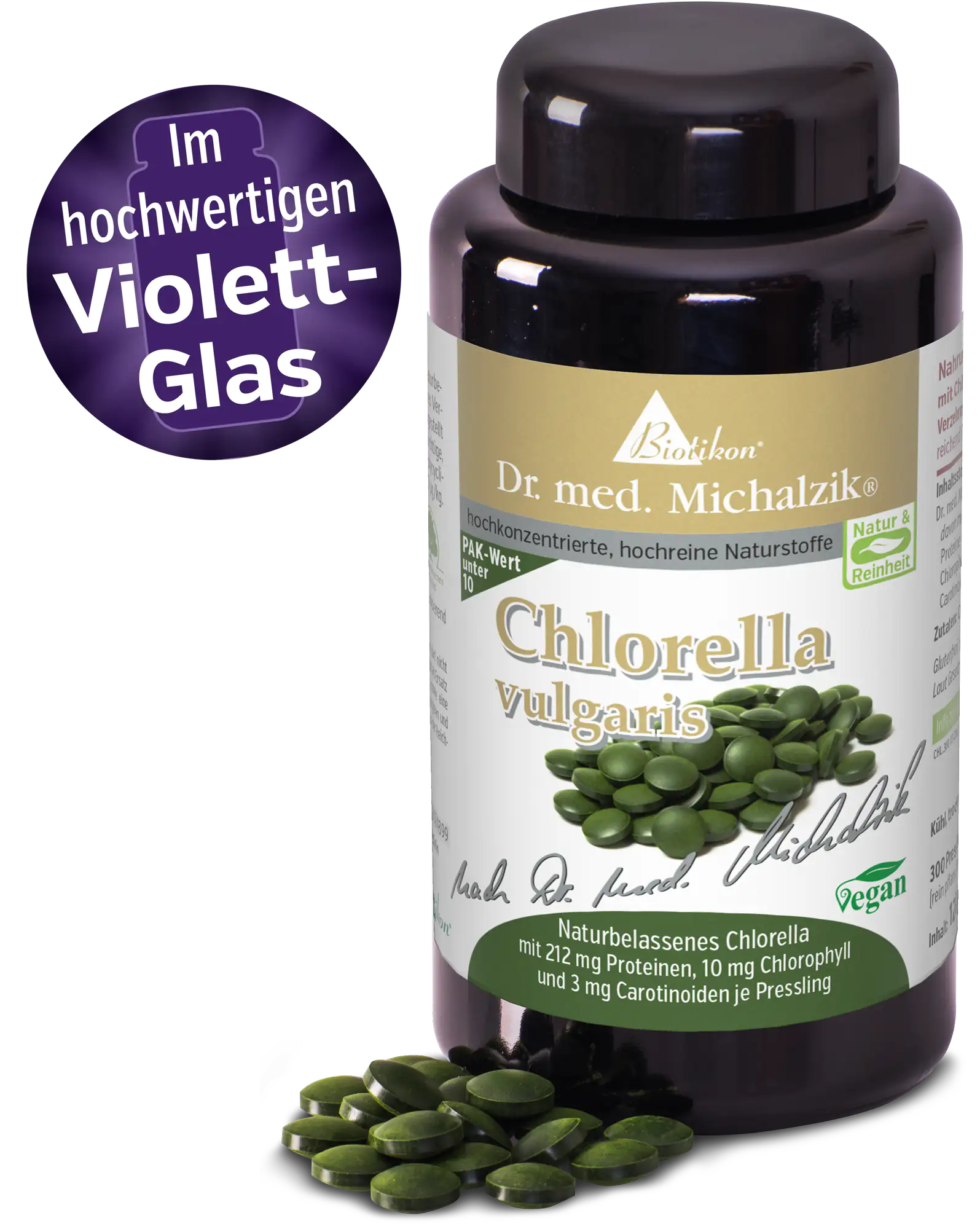 Chlorella vulgaris – 200 tabletas Tabletas de Chlorella en frasco de vidrio violeta de alta calidad, 200 piezas, algas verdes.