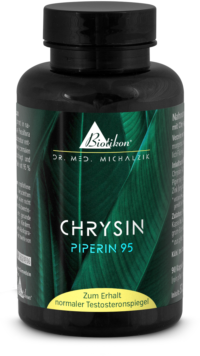 Chrysin 90 Cápsulas – Suplemento Alimenticio Botella azul con 90 cápsulas, amarillas, veganas, sin gluten, sobre fondo blanco.