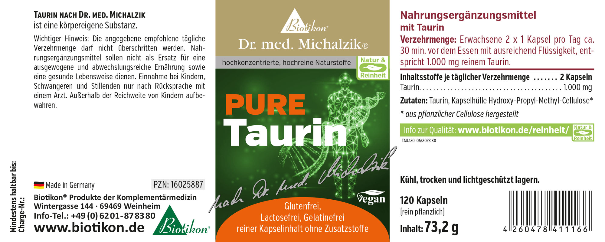Suplemento de taurina en cápsulas veganas y sin gluten, 120 unidades, envase de color verde.