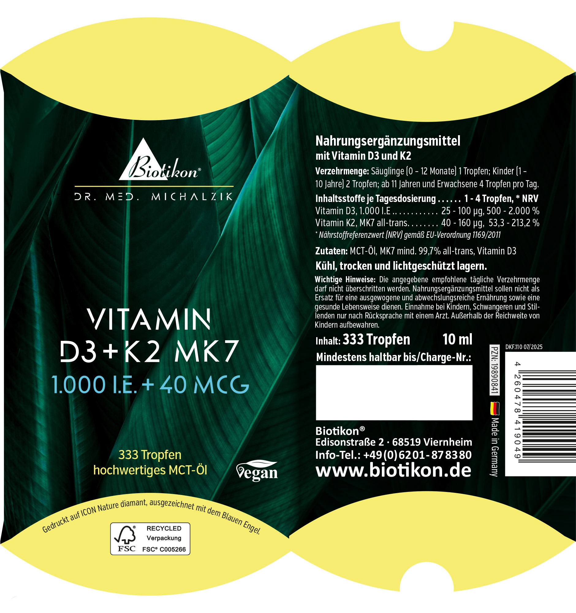 Suplemento alimenticio con vitamina D3 y K2, 333 gotas, 10 ml, envase verde, vegano, vista frontal.