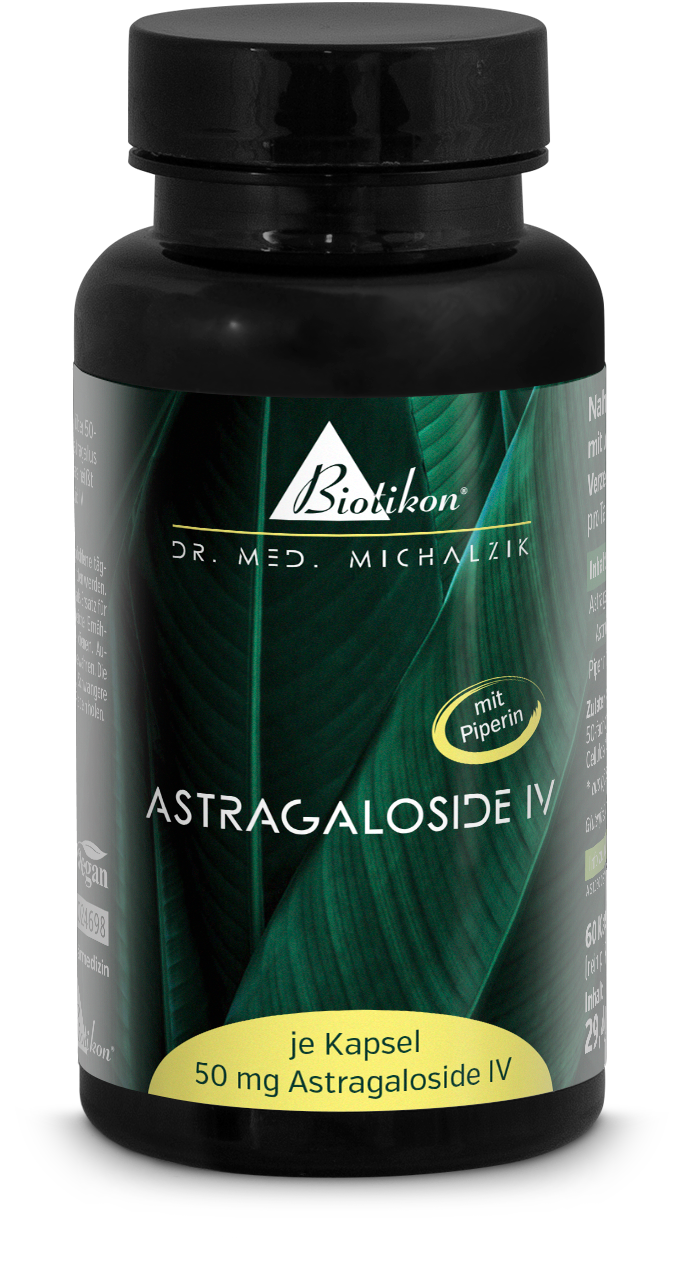 Botella con 60 cápsulas de Astragaloside IV, cápsulas beige, vista frontal, incluyendo cápsulas sueltas sobre la mesa.