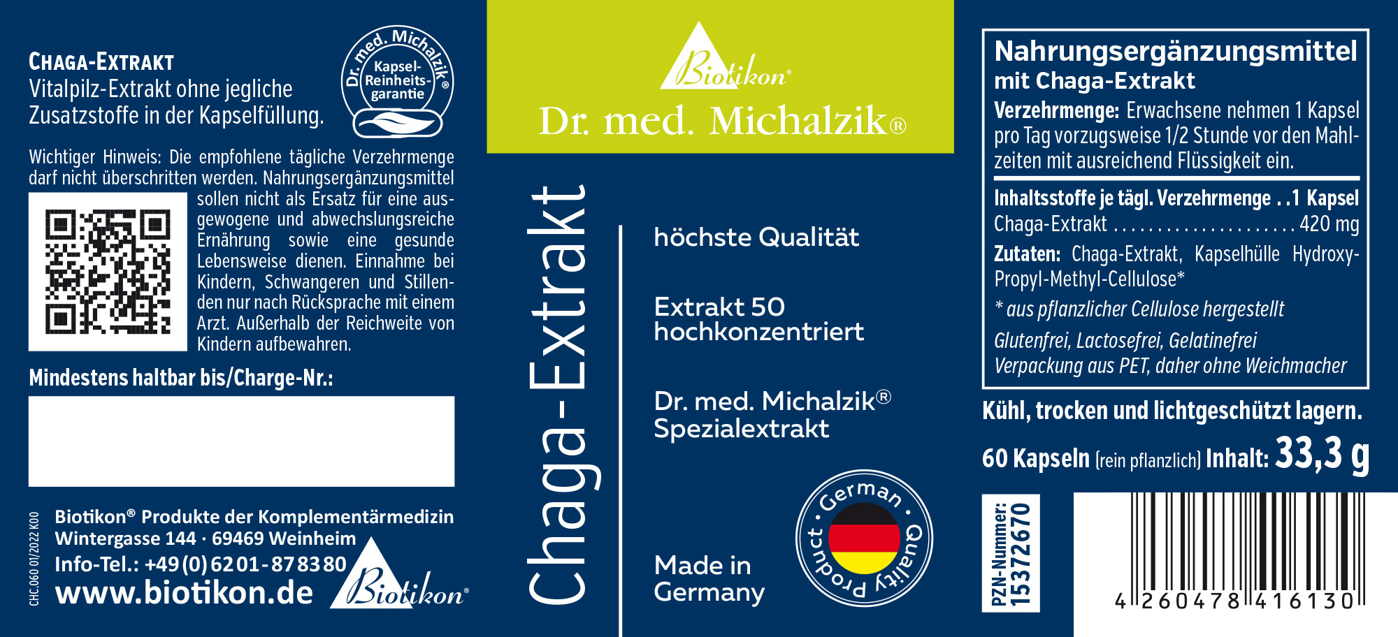 Extracto de Chaga 420 mg - Cápsulas Extracto de Chaga en 60 cápsulas, extracto de hongo vital concentrado, envase azul