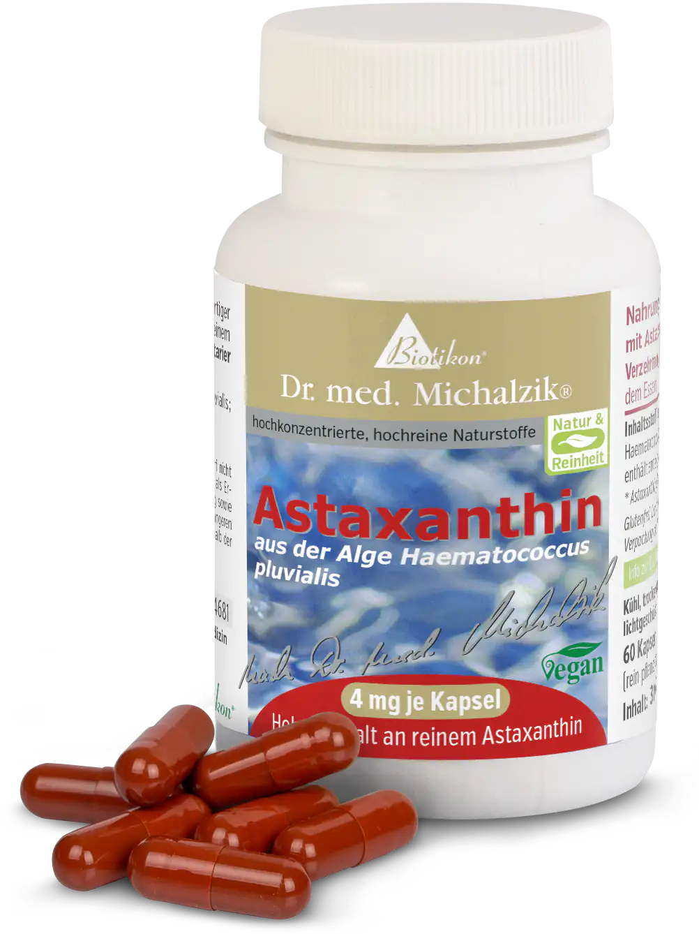 Astaxantina 4 mg – Cápsulas 60 cápsulas de astaxantina de la alga Haematococcus pluvialis, cápsulas color marrón rojizo en envase blanco.