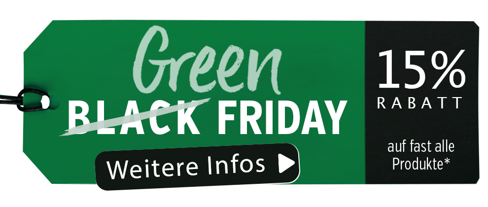 Etiqueta de descuento en color verde con texto negro, 15% de descuento en casi todos los productos, vista frontal.