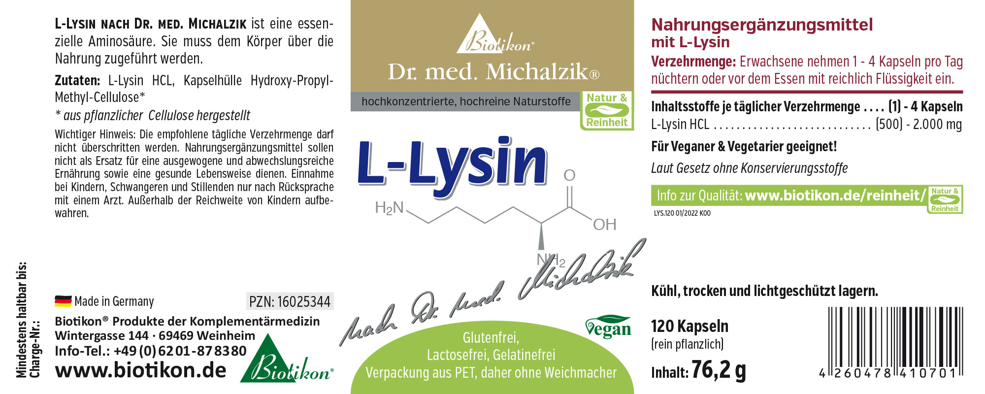 Suplemento dietético L-Lisina en cápsulas, vegano, 120 unidades, envase verde y blanco.