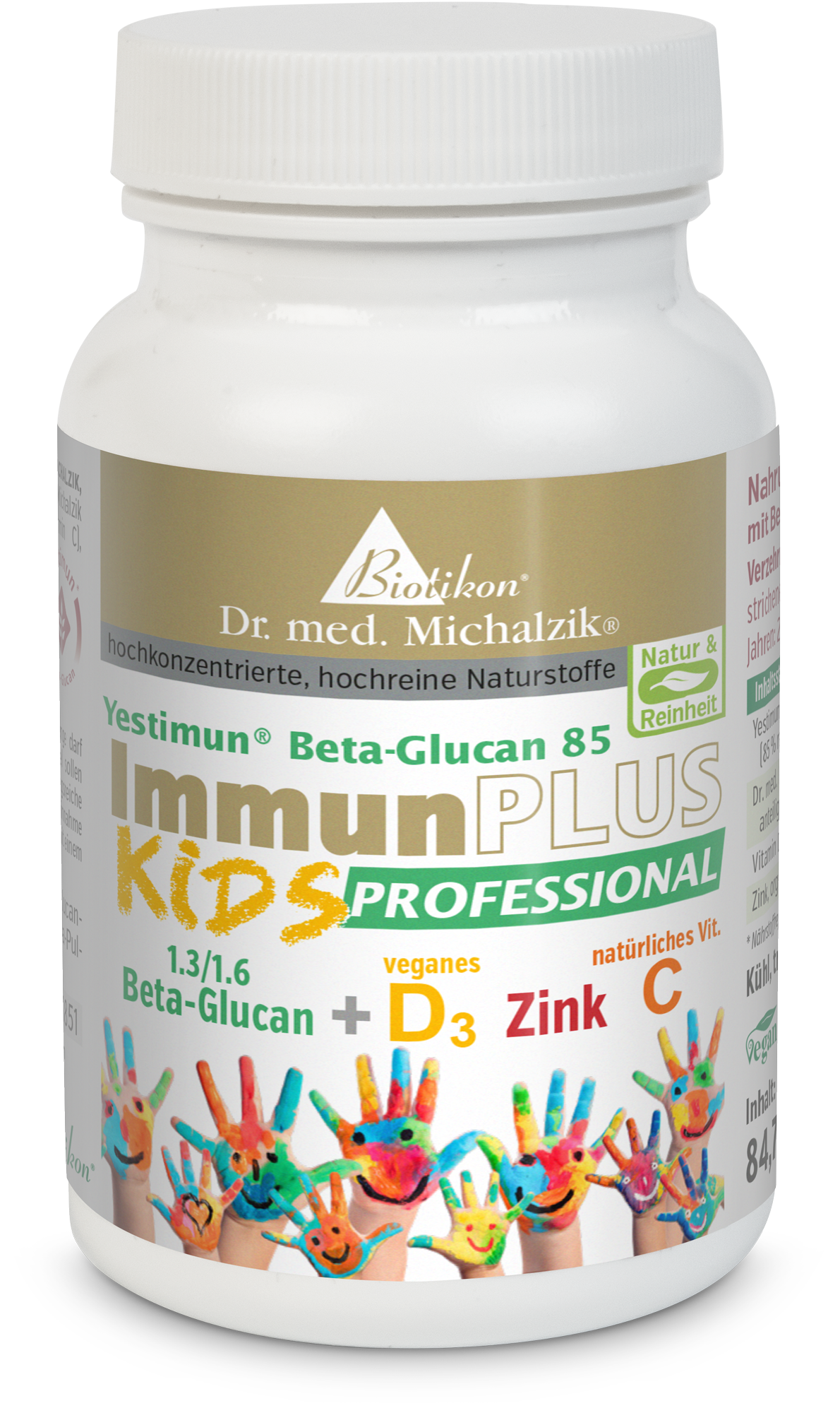 ImmunPLUS KIDS – 84 cápsulas Cápsulas veganas en envase blanco con manos infantiles de colores, 84 unidades.