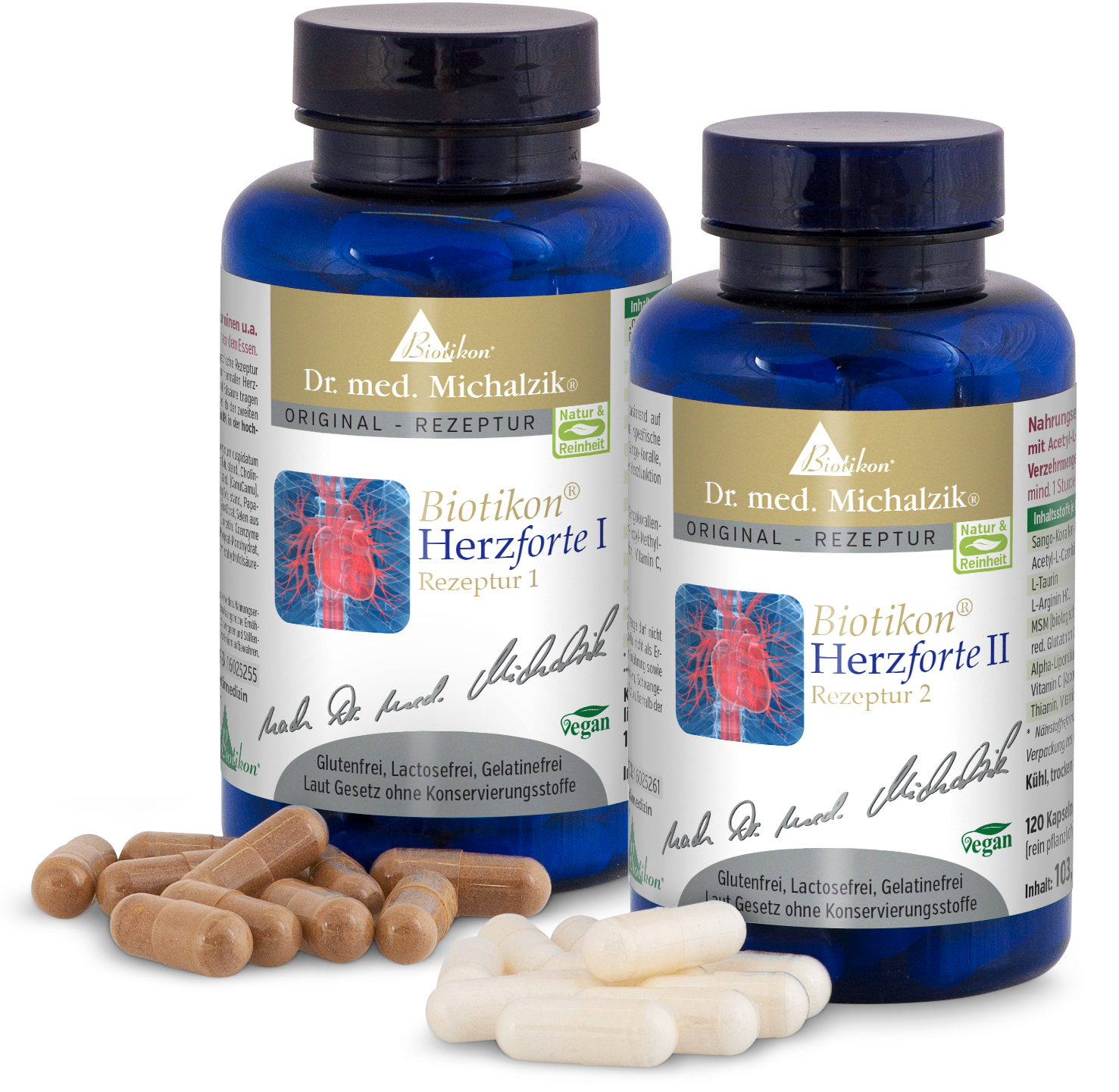 Dos botellas azules de Biotikon Corazón Forte I y II. Cápsulas de dos colores al lado. Fondo transparente.