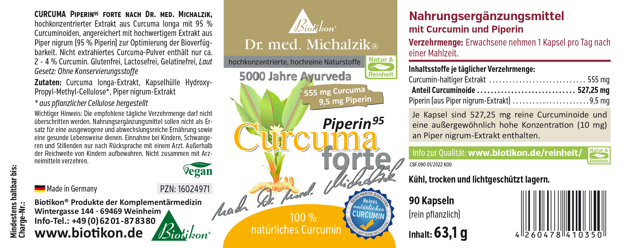 Suplemento dietético con cúrcuma y piperina, 90 cápsulas vegetales, envase marrón con texto e ilustración de plantas.