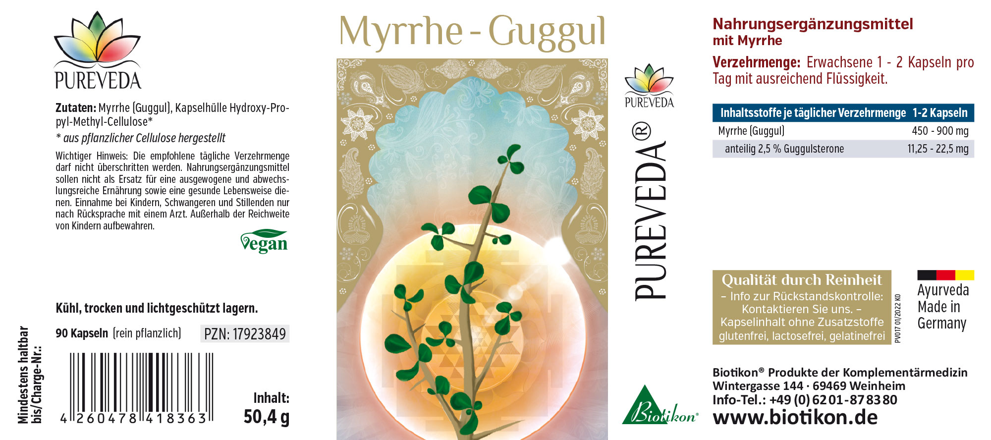 Myrrha-Guggul 90 Cápsulas – Suplemento Alimenticio Suplemento alimenticio con mirra, 90 cápsulas veganas, paquete amarillento, vista lateral.