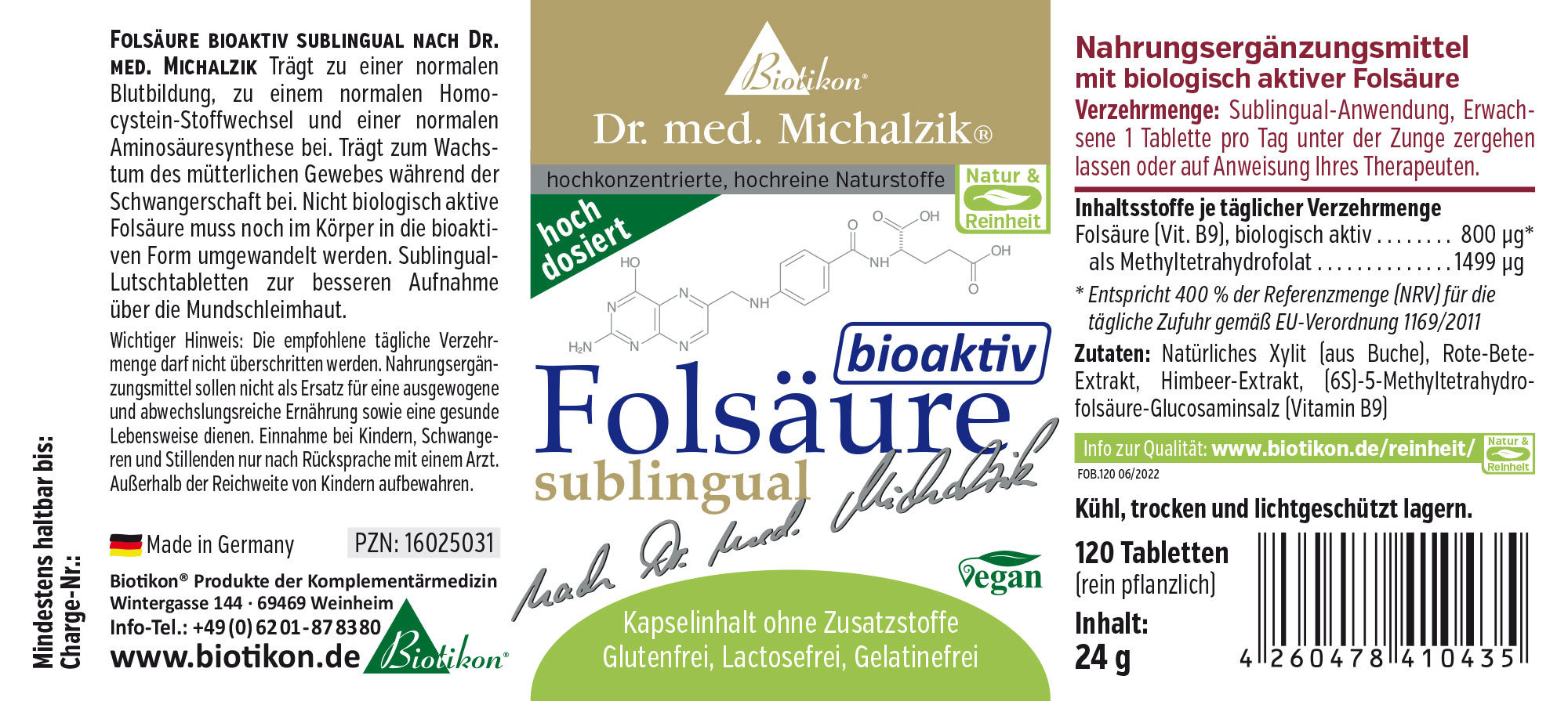 Suplemento de ácido fólico, tabletas sublinguales, 120 piezas, veganas, en empaque verde.