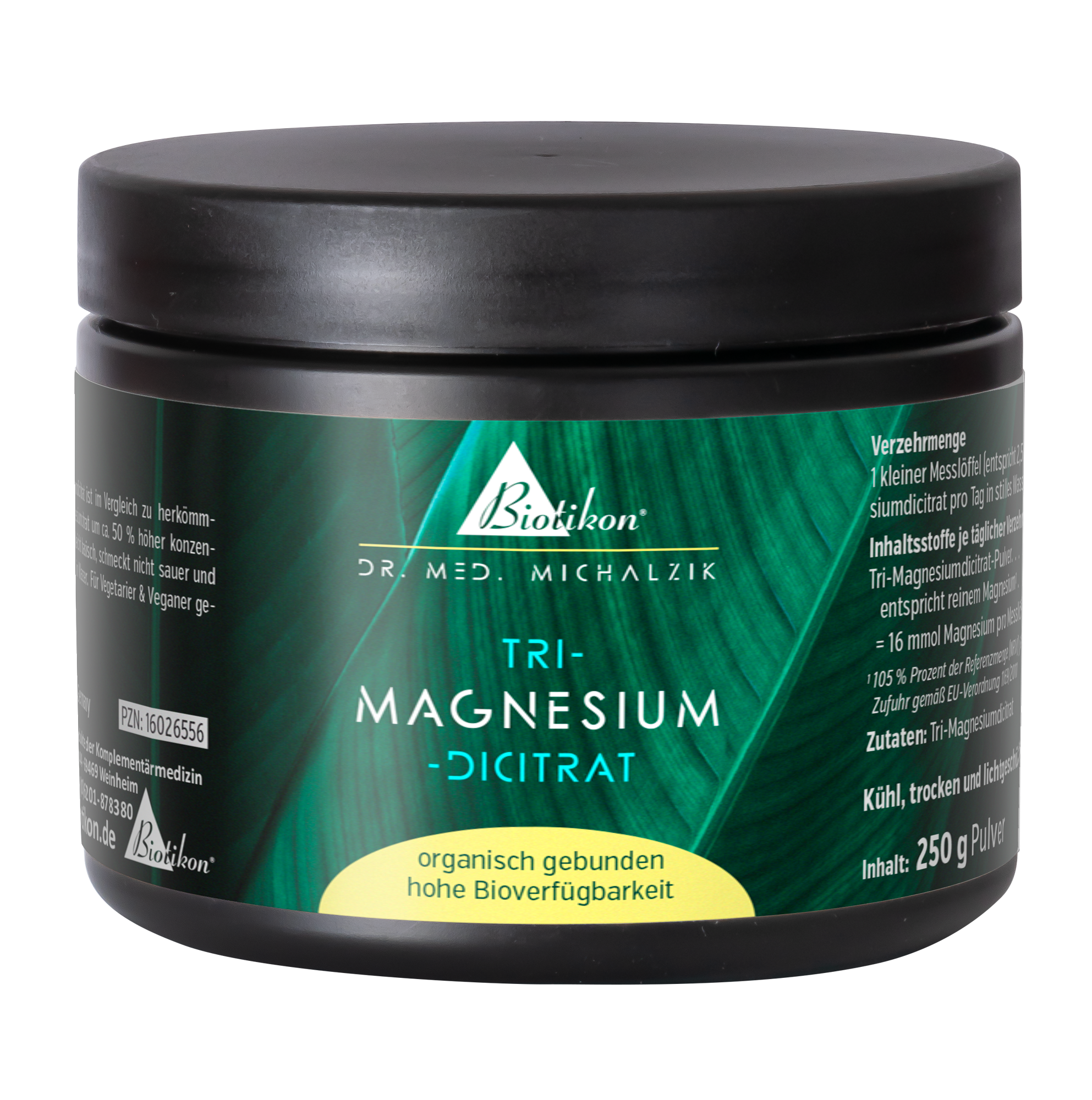 Tri-Magnesio-Dicitrato en envase negro, 250 g de polvo con superficie ligeramente brillante.