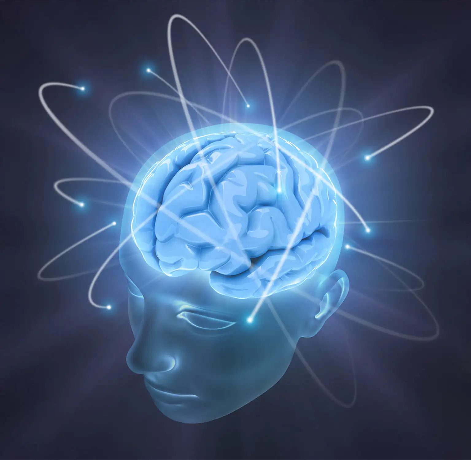 Gráfico de cabeza y cerebro en azul energético Imagen digital de un cerebro humano azul, con rayas de energía y representación abstracta de la mente.