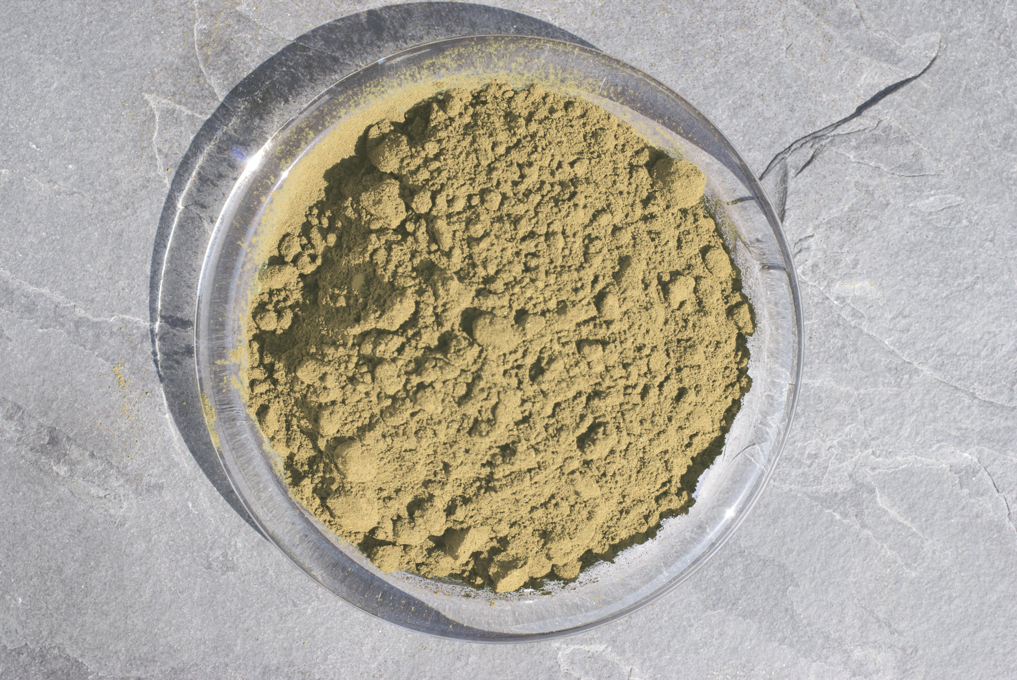 Polvo de hierbas – 100 g Polvo de hierbas fino en un recipiente transparente, de color marrón verdoso, visto desde arriba.