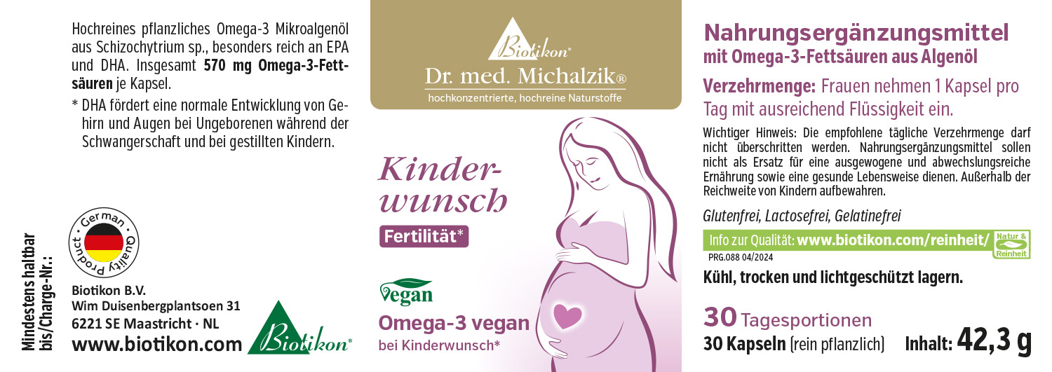 Suplemento de Omega-3 de microalgas, 30 cápsulas, vegano, envase en rosa y oro.
