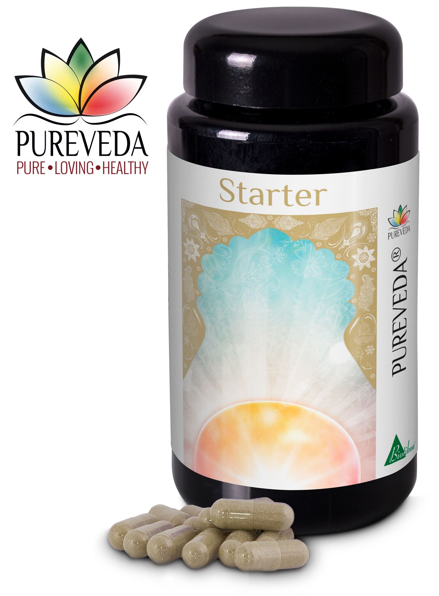 Cápsulas Starter – Suplemento alimenticio Envase oscuro con cápsulas Starter, cápsulas beige y transparentes sobre la mesa, vista desde arriba.