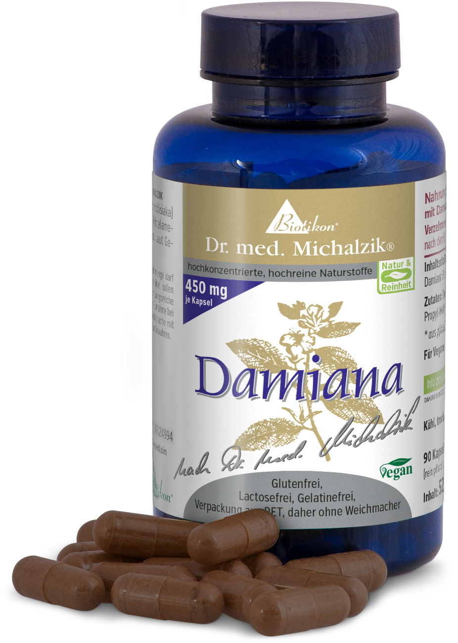 Damiana 450 mg - Cápsulas veganas Cápsulas marrones en una botella azul de PET, 90 unidades, veganas y sin gluten.