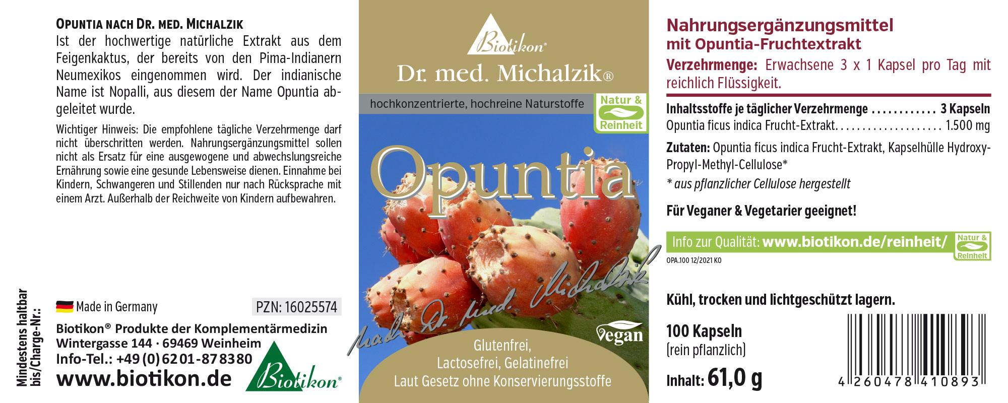 Suplemento de Opuntia, 100 cápsulas en un envase, color rojo-verde, vista lateral.