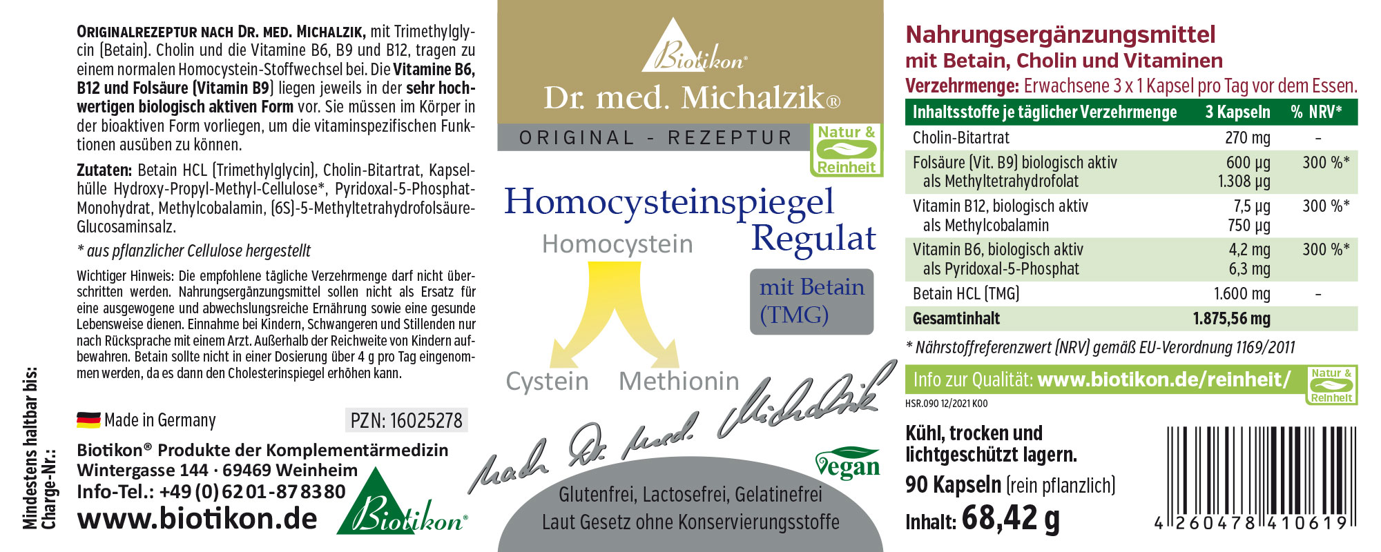 Regulador de Homocisteína – 90 Cápsulas Suplemento alimenticio en un envase verde, 90 cápsulas, vegano, para apoyar los niveles de homocisteína.