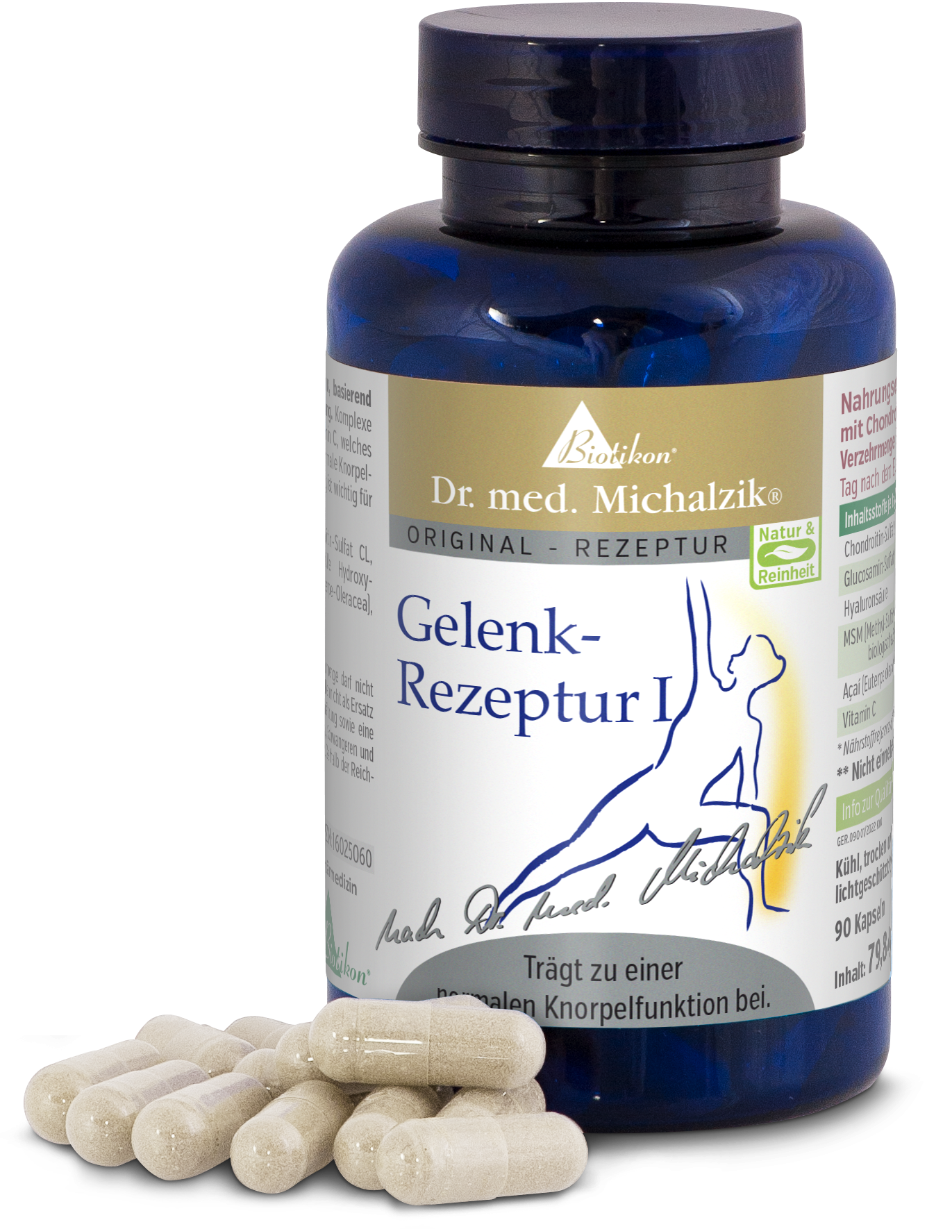 Frasco azul con Fórmula Articular I, 90 cápsulas, rodeado de cápsulas, claro y transparente.