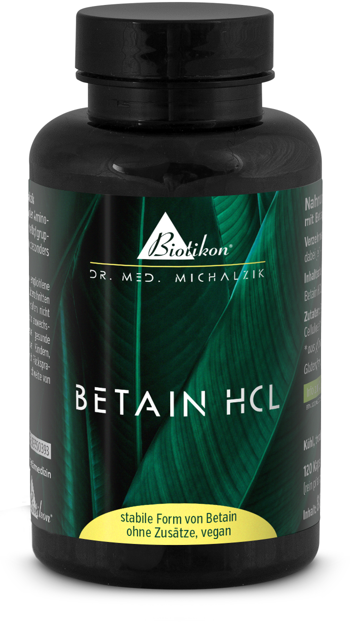 Betaina HCL 120 Cápsulas – forma estable, vegano Botella con 120 cápsulas de Betaina HCL, envase negro, acentos verdes.