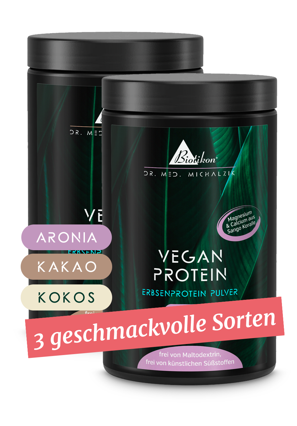 Dos envases de proteína vegetal en polvo en sabores Aronia, Cacao y Coco, de color blanco, vista frontal.
