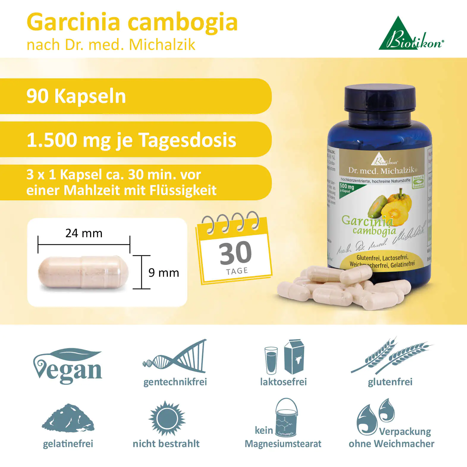 Cápsulas de Garcinia cambogia en una botella azul, 90 unidades, 1500 mg por dosis diaria. Envase con fondo amarillo.