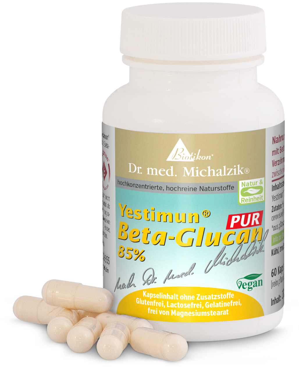 Yestimun Beta-Glucano 85%, 60 cápsulas en un envase blanco, cápsulas al frente, empaque colorido.