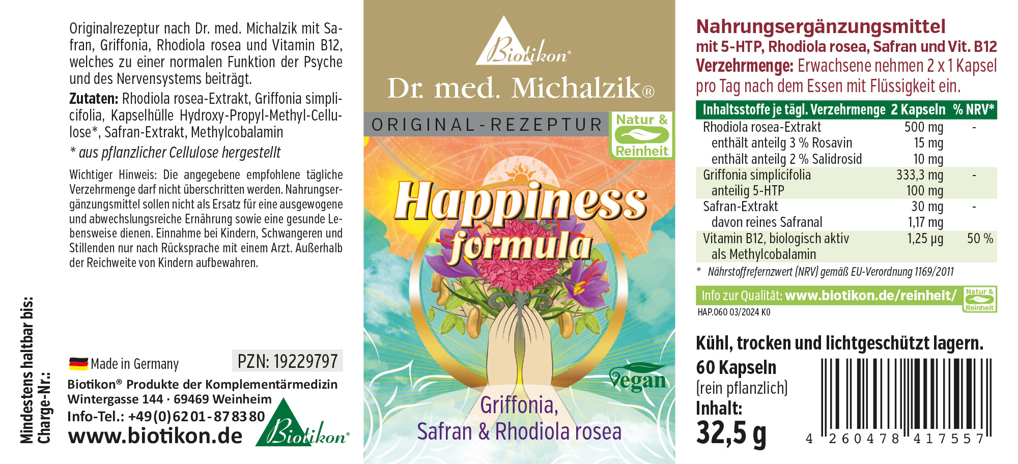 Fórmula de Felicidad – 60 Cápsulas Suplemento alimenticio en envase colorido, contiene 60 cápsulas para apoyar la salud mental, vegano.