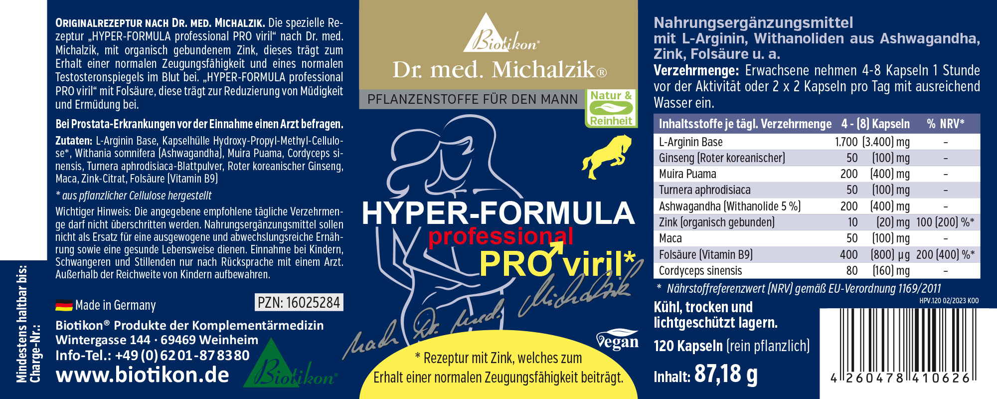 Hyper-Formula profesional PRO viril – 120 cápsulas Suplemento dietético en envase azul, 120 cápsulas vegetales, para hombres, con L-Arginina y zinc.