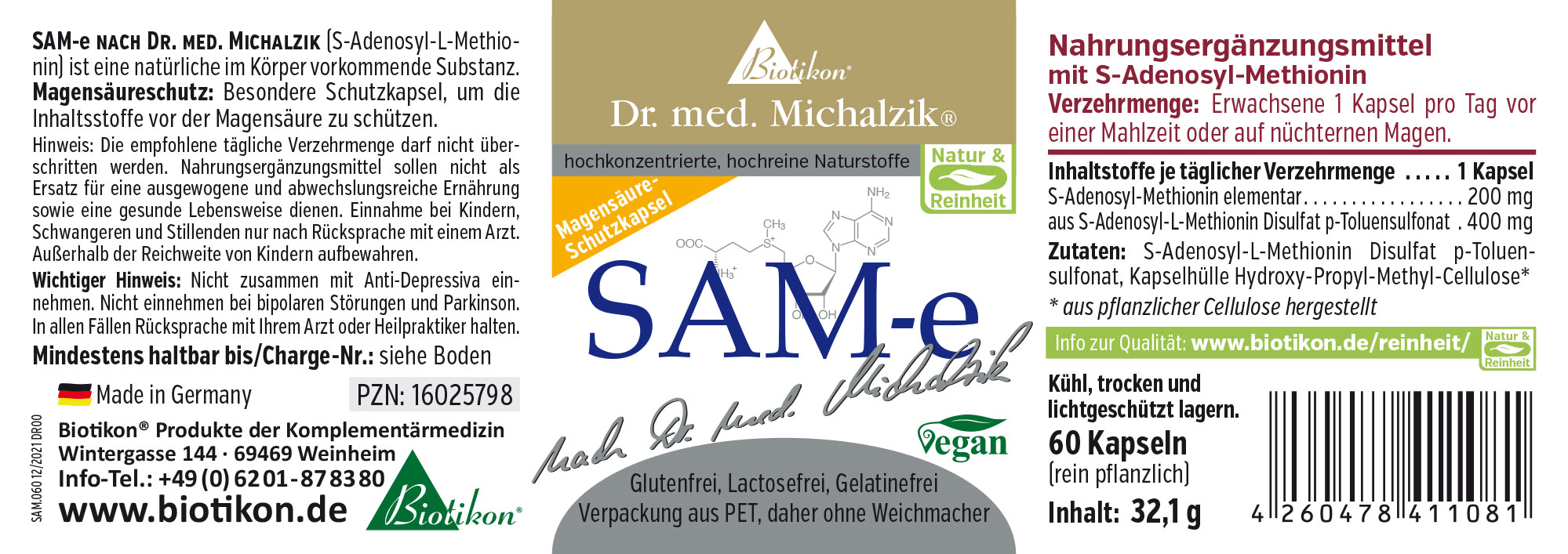 Suplemento SAM-e en envase con 60 cápsulas veganas, diseñado de manera colorida e informativa.