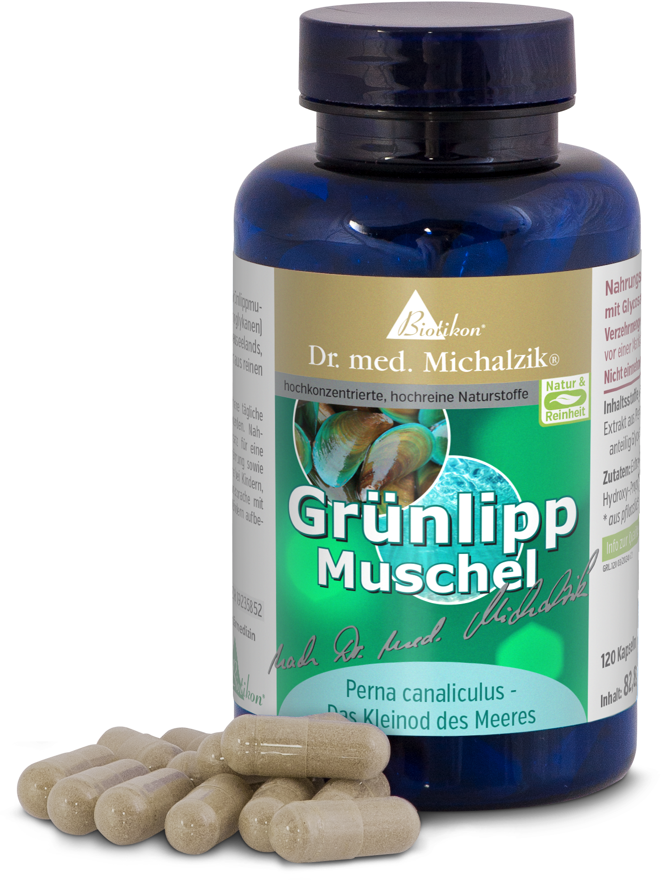 Botella de 120 cápsulas de mejillón verde, transparente marrón, rodeada de varias cápsulas.