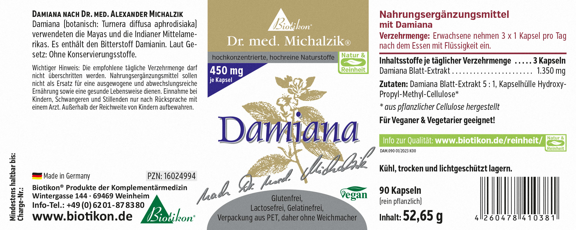 Suplemento dietético Damiana en caja, 90 cápsulas veganas, diseño en verde y blanco, vista lateral.
