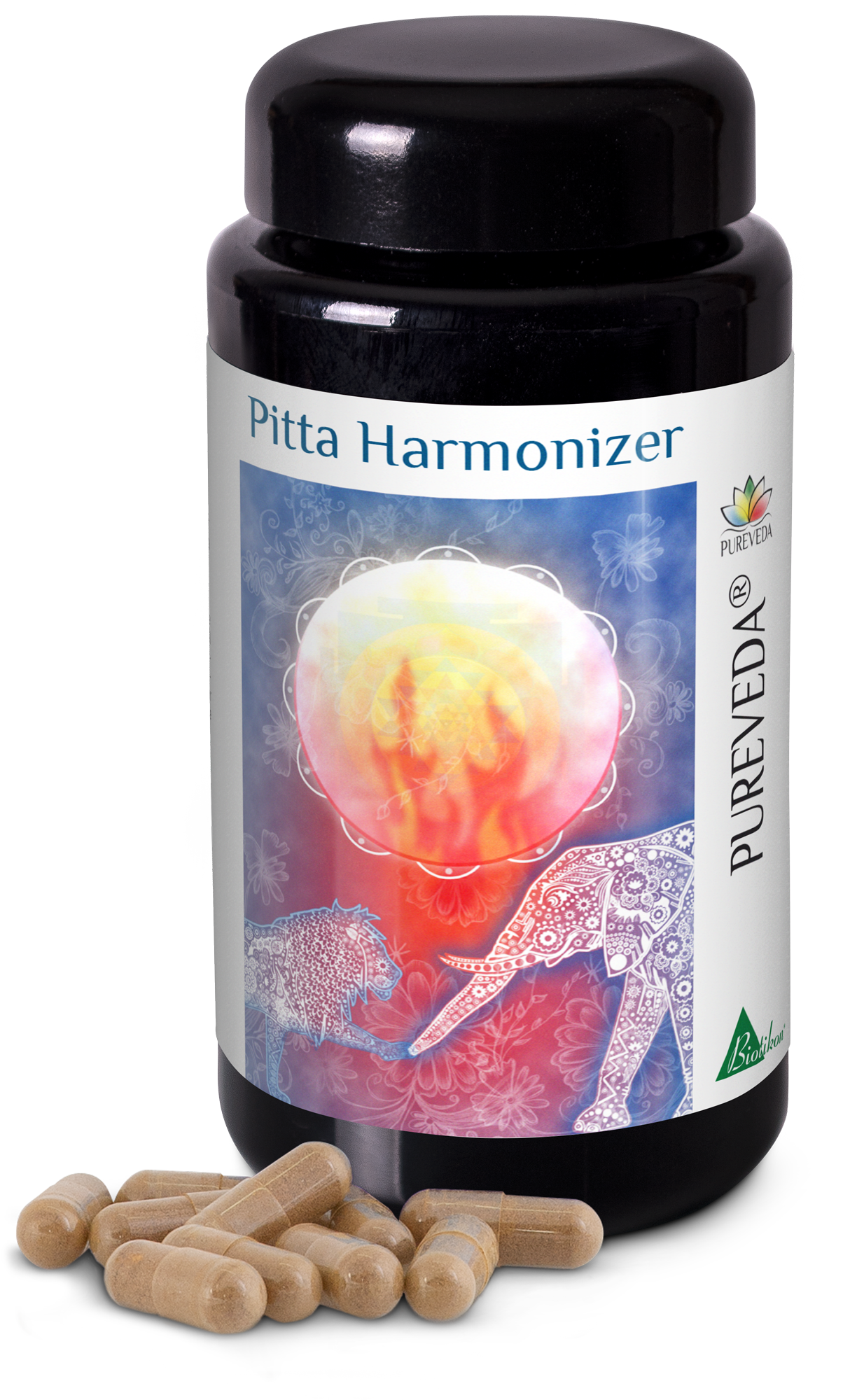 Botella de plástico negra con cápsulas Pitta Harmonizer, 50 unidades, marrón
